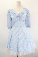 画像1: Secret Honey / ハートボタンギンガムフリルワンピース  サックス×白 I-26-08-23-075-CA-OP-TE-ZI (1)