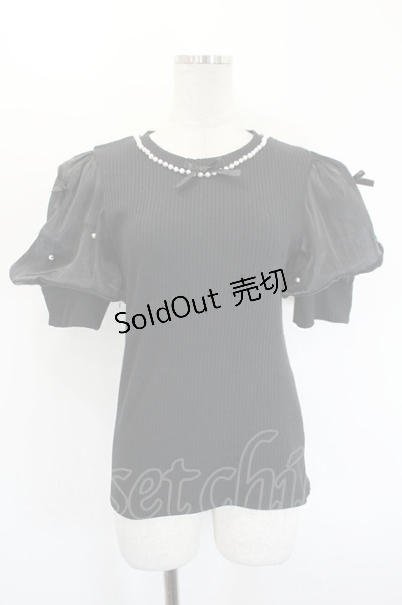 画像1: DearMyLove / パールネックレスリボンパフ袖トップス  黒Ｘ白 I-26-08-23-009-GO-TO-SA-ZI (1)