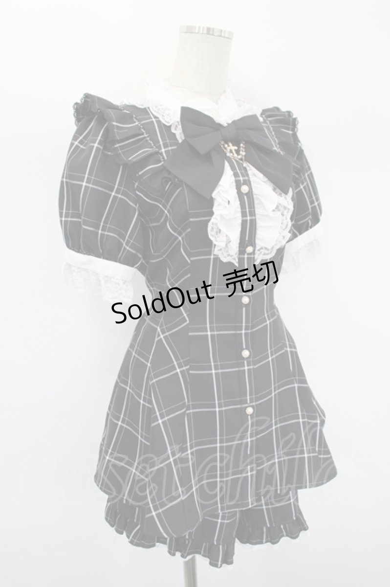 画像4: Secret Honey / クロスチェーンリボンチェック半袖ブラウス&ショートパンツ  黒Ｘ白 I-26-08-23-112-CA-OP-SA-ZI (4)
