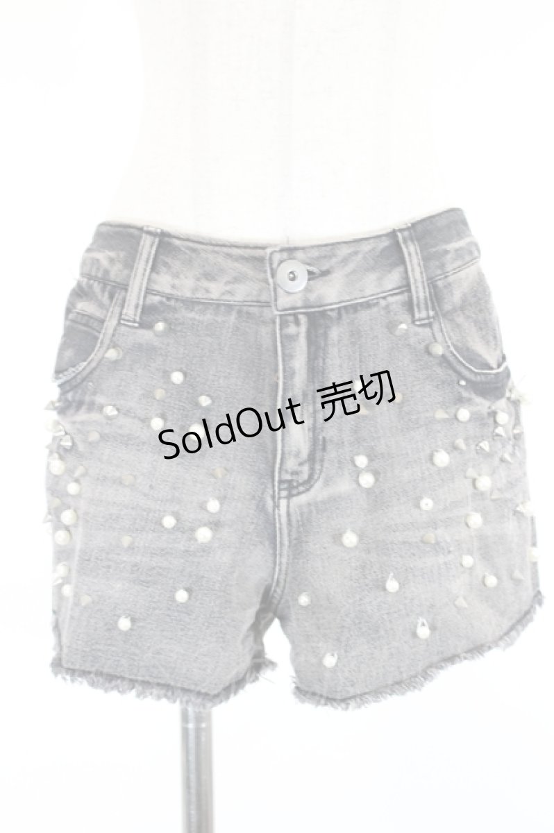画像1: GLAD NEWS / パールスタッズデニムショートパンツ  黒Ｘ白Ｘシルバー I-26-09-11-098-PU-PA-SA-ZI (1)