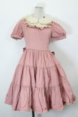 画像1: metamorphose / ラウンドフリル半袖ワンピース  ピンクＸ生成り I-26-10-15-051-ME-OP-SA-ZI (1)