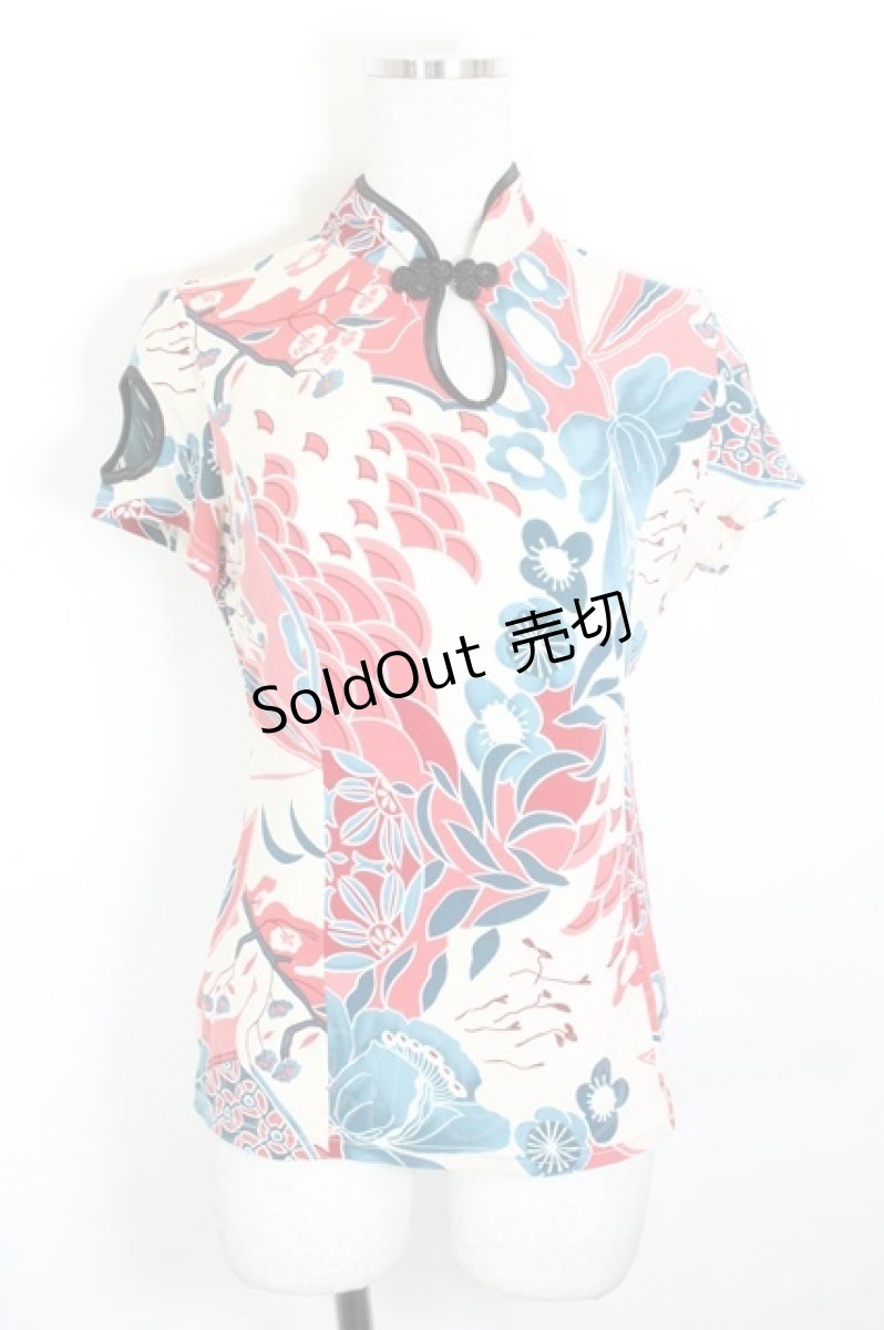 画像1: Qutie Frash / チャイナボタンフラワーハイネックトップス  アイボリーＸ赤Ｘ青 I-26-10-22-015-QU-TO-SA-ZI (1)