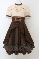 Favorite / ブラウスドッキング×贅沢レイヤードスカートのスチームパンク風ワンピース 半袖  ブラウン×アイボリー O-23-11-30-1066-LO-OP-IG-OS