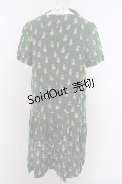 画像3: 【SALE】Jane Marple Dans Le Saｌon /モノクロームキャットのネックレス付ワンピース M グリーン O-23-12-29-007-JM-OP-IG-ZT377