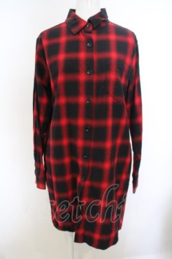 画像2: NieR Clothing /バックプリントチェックロングシャツ  黒×赤 O-24-01-30-065-PU-BL-KB-OS-H