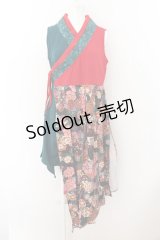 Qutie Frash / 着物プリーツチュニック  レッド×グリーン O-24-06-10-003-QU-TO-OW-ZI