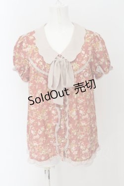 画像1: axes femme / スカラップカラー薔薇柄半袖ブラウス M ピンク系×ベージュ O-24-08-30-053-AX-BL-IG-ZT079