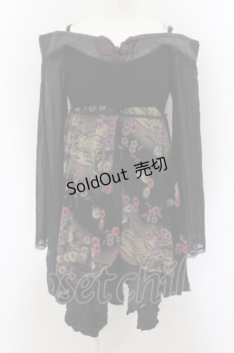 画像1: Qutie Frash / ちりめんシフォン着物袖チュニック  ブラック×パープル O-24-09-07-076-QU-JA-OW-OS (1)