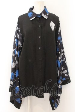 画像1: NieR Clothing / 着物風袖シャツ  ブラック×ブルー O-24-10-31-033-PU-BL-OW-ZT247
