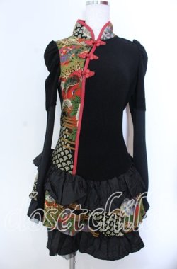 画像1: Qutie Frash / ちりめん和柄パフワンピース  ブラック O-25-11-19-030-QU-OP-IG-OS