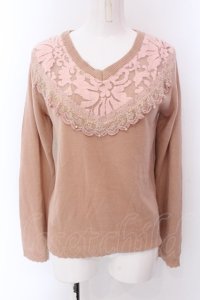 axes femme / Vネック起毛レースニットプルオーバー M ピンク O-25-01-31-1015-AX-TO-SZ-ZT222