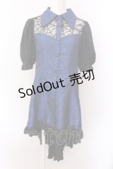 Qutie Frash / 半袖パフブラウスワンピ  ブルー×ブラック O-25-02-22-064-QU-OP-OW-OS