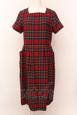 画像1: Jane Marple / Wool tartan check tablier dress ドレス M アカ O-25-02-23-041-JM-OP-IG-ZT0430