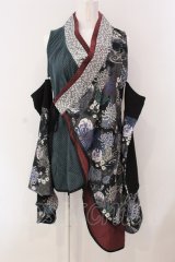 Qutie Frash / 袖セパレート着物カーデ  ブラック×グリーン×ワイン O-25-03-20-1015-QU-TO-IG-ZY