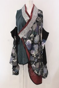 Qutie Frash / 袖セパレート着物カーデ  ブラック×グリーン×ワイン O-25-03-20-1015-QU-TO-IG-ZY