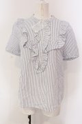 Franche Lippee / フリルストライプブラウス M シロ×アオ O-25-03-26-1019-LO-BL-OW-ZT109