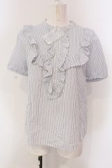 Franche Lippee / フリルストライプブラウス M シロ×アオ O-25-03-26-1019-LO-BL-OW-ZT109