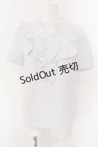 Franche Lippee / フリルストライプブラウス M シロ×アオ O-25-03-26-1019-LO-BL-OW-ZT109