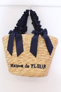 Maison de FLEUR / フリルハンドルダブルリボンカゴバッグ  ナチュラル×ネイビー O-25-03-27-008-LO-BG-OW-ZT-K013