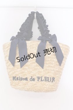 画像1: Maison de FLEUR / フリルハンドルダブルリボンカゴバッグ  ナチュラル×ネイビー O-25-03-27-008-LO-BG-OW-ZT-K013