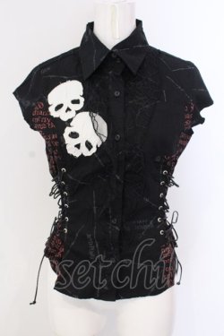 画像1: MAD / スカルワッペンサイドレースアップノースリーブブラウス M ブラック O-25-04-07-017-PU-BL-IG-OS