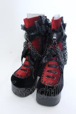 画像1: 【SALE】Demonia / ベロア切り替え厚底ブーツ つま先〜かかと（横向きにして測定）約28ｃｍ ブラック×レッド O-25-04-15-1014-PU-SH-OW-ZTK006 (1)