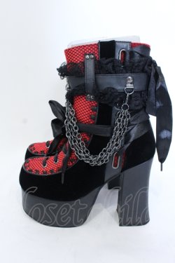 画像2: Demonia / ベロア切り替え厚底ブーツ つま先〜かかと（横向きにして測定）約28ｃｍ ブラック×レッド O-25-04-15-1014-PU-SH-OW-OS