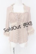 Ozz oneste / レースアップ胸元ギャザーカットソー  ピンク×アイボリー O-25-04-15-064-OO-TO-IG-OS