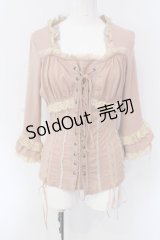 Ozz oneste / レースアップ胸元ギャザーカットソー  ピンク×アイボリー O-25-04-15-064-OO-TO-IG-OS