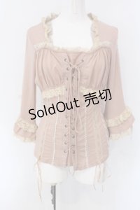 Ozz oneste / レースアップ胸元ギャザーカットソー  ピンク×アイボリー O-25-04-15-064-OO-TO-IG-OS