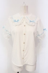 axes femme kawaii / 梯子レース半袖ブラウス M シロ×サックス O-25-04-30-1047-AX-BL-OW-OS