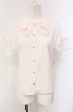 画像1: axes femme kawaii / 梯子レース半袖ブラウス M シロ×ピンク O-25-04-30-1048-AX-BL-OW-OS