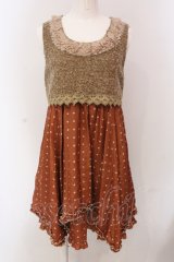axes femme / プードルファー切替ドットノースリーブワンピース M オレンジ×ブラウン O-25-05-08-045-AX-OP-OW-OS