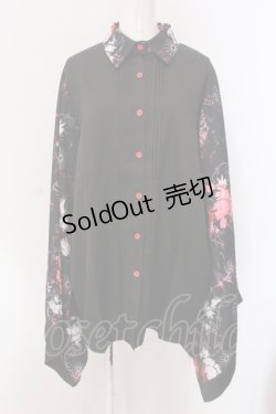 画像1: NieR Clothing / 着物風袖ブロッキングシャツ【和柄九尾(赤)】  ブラック×レッド O-25-05-17-014-PU-BL-IG-OS