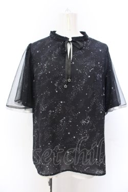 画像1: axes femme / 星座柄チュール重ね袖ブラウス M クロ O-25-05-18-029-AX-BL-IG-OS