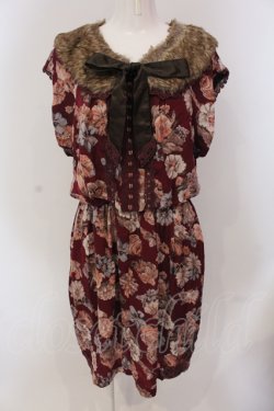画像1: axes femme / ファーティペ付き花柄ワンピース M ワイン O-25-05-19-013-AX-OP-OW-OS