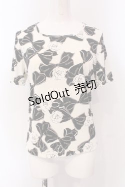 画像1: INGEBORG / ロゴ刺しゅうリボンカメリアTシャツ 9 アイボリー×クロ O-25-05-22-071-LO-TS-IG-OS