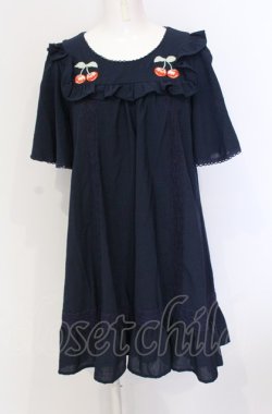 画像1: Deary / さくらんぼチェリー刺繍Aラインレース切替フリルワンピース L ネイビー O-25-05-28-043-LO-OP-IG-OS