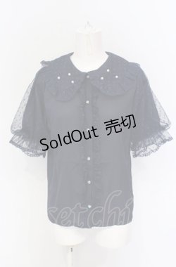 画像1: axes femme kawaii / ドットチュール半袖ブラウス M ネイビー O-25-05-28-112-AX-BL-IG-OS