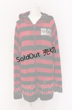 画像1: SEX POT ReVeNGe / バックスカルプリントボーダーパーカー  レッドｘブラック O-25-05-28-013-SP-TO-YM-OS