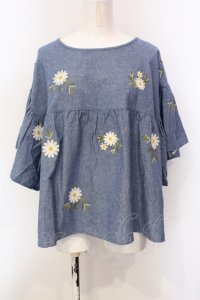 PINK HOUSE / ダンガリーマーガレット刺繍ブラウス  ブルー O-25-05-29-065-LO-BL-OW-ZT400