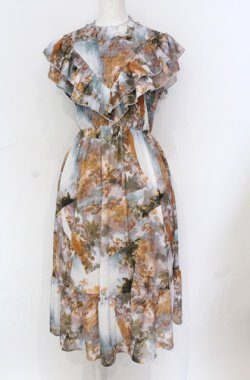 画像1: axes femme Nostalgic / 天使柄シャーリングワンピース F サックス×オレンジ系 O-25-05-31-1110-LO-OP-OW-OS