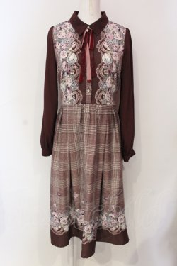 画像1: axes femme / グレンチェック花柄ワンピース M ワイン O-25-06-07-059-AX-OP-YM-OS