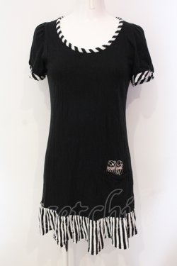 画像1: PEACE NOW / ぬいぐるみ刺繍ストライプ切り替えカットワンピース M ブラック×ホワイト O-25-06-07-064-PU-TO-IG-OS