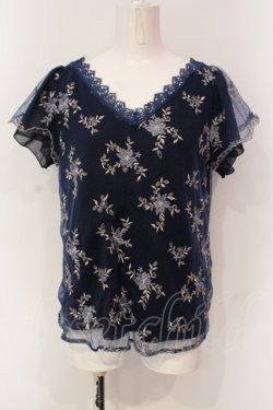 画像1: axes femme / フラワー刺繍Vネックトップス M ネイビー O-25-06-07-013-AX-TO-IG-OS