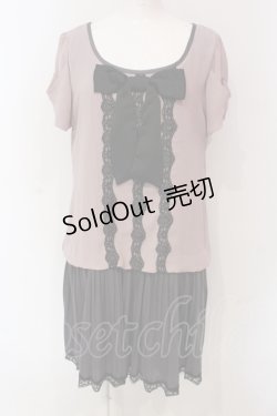 画像1: axes femme / レースリボンシフォン切り替えワンピース M チャコール×ピンクベージュ O-25-06-07-025-AX-OP-IG-OS