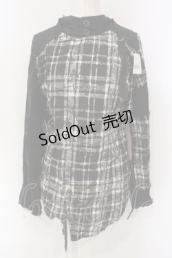 画像1: ALGONQUINS / プリントチェックガーゼフートカーディガン  ブラック×グレー O-25-06-10-083-AL-TO-IG-OS