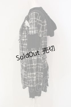 画像2: ALGONQUINS / プリントチェックガーゼフートカーディガン  ブラック×グレー O-25-06-10-083-AL-TO-IG-OS