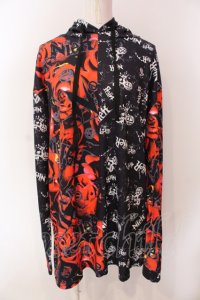 NieR Clothing / WIDE SLEEVE HOODIE 【ROSE×HEART BEAT】 パーカー  ブラック×レッド O-25-06-16-032-PU-TO-IG-ZT219