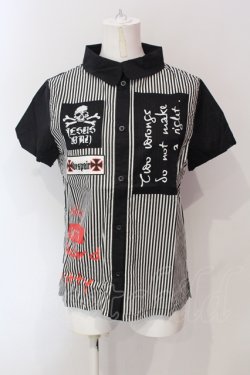 画像1: HELL CAT PUNKS / ストライプバイカラー半袖ブラウス  ブラック×ホワイト O-25-06-21-072-PU-BL-IG-OS